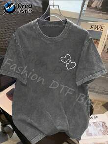 1 camiseta con diseño de doble corazón, hecha de algodón lavado de alta calidad, camiseta de la marca Orca, a la moda, adecuada para uso diario, un artículo popular, perfecto para regalar a familiares y amigos en días festivos como Pascua, Día de la Madre y Día de la Independencia. 180g 100% Algodón - Gris - Ver 7