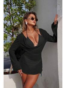 Nuevo Traje de Baño Bikini de Tres Piezas, Sexy y a la Moda, con Falda de Malla Protectora Solar de Color Sólido para Playa, 2026 - 9386 Juego de tres piezas negro - Ver 1