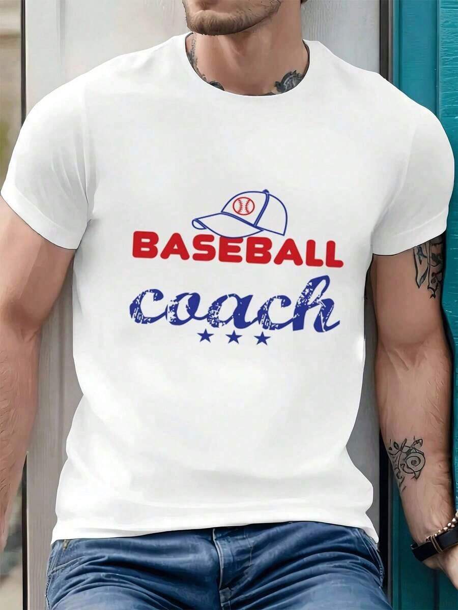 Camia de hombre con estampado gráfico de entrenador de béisbol, 100% algodón, corte holgado, estilo hip-hop urbano, cómoda, estampado artístico. Ideal para regalar. Camisetas para mujer, camisetas para hombre, camisas > Elegantes. Estilo bohemio. Blusas suaves, transpirables y cómodas para mujer, ideales para primavera, verano y otoño, perfectas para vacaciones, viajes y uso diario, y para ver partidos. - Blanco - Ver 1
