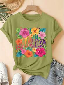 Aloha Tropical Hibiscus Flower Colorful Print Short-Sleeve Vintage Round-Neck T-Shirt, Fresh Forest Style Loose Top, 2026summer Party Commuter Women's - 綠色 - 查看 7