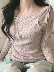 Blusa de manga larga de punto a lunares rosas, estilo coreano, con lazo en un hombro, adecuada para uso casual, en casa, calle y uso diario en primavera - Rosa - Ver 6