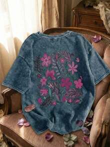 Camiseta de algodón casual con estampado para mujer, top negro lavado, cuello redondo de manga corta, diseño minimalista, adecuado para uso diario, estilo retro, regalo del Día de San Valentín de verano - Azul - Ver 7