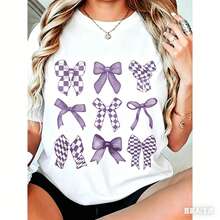 Ropa de Mujer de Talla Grande, Camiseta Casual con Estampado de Lazo - Manga Corta, Cuello Redondo, Lavable a Máquina, Tops de Moda Primavera-Verano, Camiseta Casual de Primavera |     Camiseta de cuello redondo - Blanco-1 - Ver 1