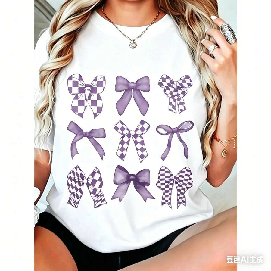 Ropa de Mujer de Talla Grande, Camiseta Casual con Estampado de Lazo - Manga Corta, Cuello Redondo, Lavable a Máquina, Tops de Moda Primavera-Verano, Camiseta Casual de Primavera |     Camiseta de cuello redondo - Blanco-1 - Ver 1