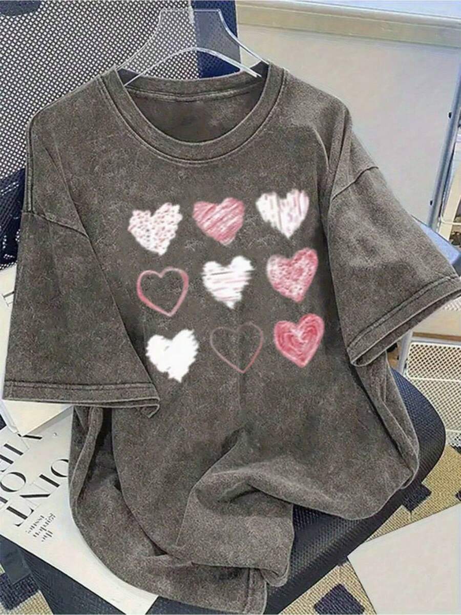 1 camiseta con estampado popular de San Valentín 2026 - Camiseta de algodón lavado de 230 g, camiseta de moda retro de algodón puro de alta calidad, camiseta para mujer, camiseta popular para uso diario, regalo navideño para seres queridos, regalo perfecto para San Valentín, talla grande, casual y cómoda, moda urbana. 180g 100% Algodón - Gris - Ver 1