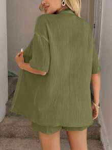 Conjunto de kimono de algodón blanco con arrugas + shorts, conjunto casual de vacaciones para primavera/verano - Verde - Ver 2