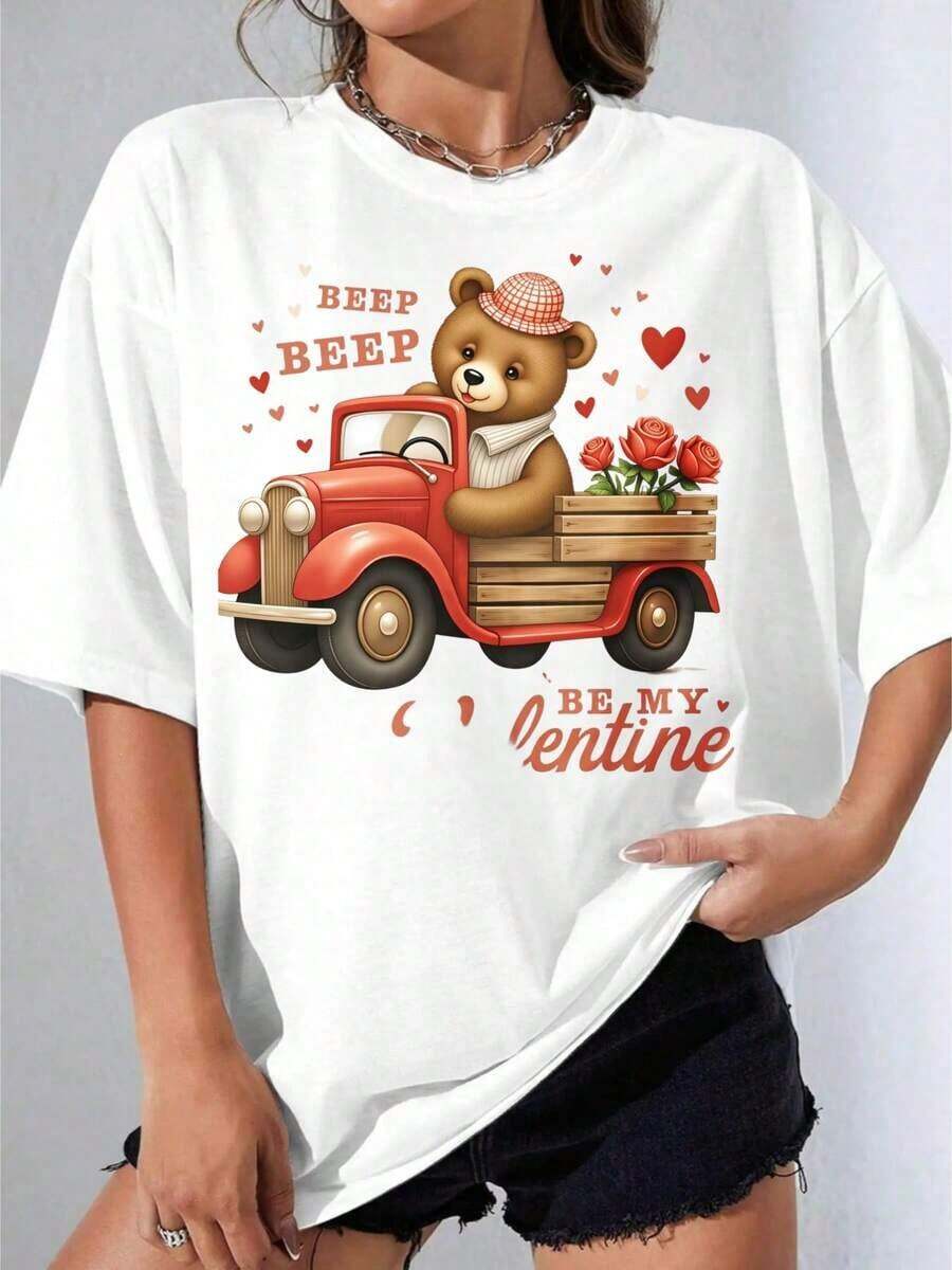 Camiseta Negra y Blanca para Niña con Estampado de Oso Lindo Conduciendo un Camión Rojo con Rosas y la Frase "Beep Beep Be My Valentine", Ideal para Regalo de San Valentín, Noche Romántica, Uso en Fiestas al Aire Libre, Camiseta Casual Estampada de 180g - Blanco - Ver 1