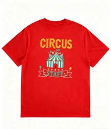NewSummerCasualCamiseta ligera de estilo retro y divertido de circo con estampado de personal de circo, cuello redondo para mujer, primavera/verano, regalo informal para compras o vacaciones, ideal para reuniones de amigos, 100% algodón. Camisas de mujer - Camiseta unisex de algodón holgada de manga corta y cuello redondo estilo vintage urbano - Rojo - Ver 2