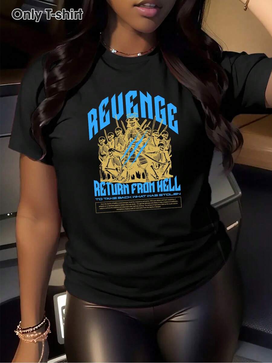Camiseta con Estampado "Return from Hell – Revenge" - Negra, cuello redondo casual, lavable a máquina, adecuada para todas las estaciones, para el hogar, salidas y como regalo, camiseta de uso diario. | Camiseta con diseño llamativo | Ajuste cómodo - Negro - Ver 1