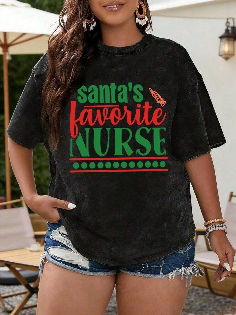 LooseCamiseta de algodón% de 230 g de peso, con diseño de enfermera navideña, serie casual de vacaciones, estilo vintage, sencilla y de alta calidad, camiseta de mujer de talla con estampado, adecuada para el uso diario y versátil para ir al trabajo, corte holgado con gran capacidad de adaptación. Camiseta lavada para parejas, estilo urbano, estiliza la figura, versátil, para el día a día y el trabajo, sin repetición.Basic Crew Neck Cotton T-shirt for Women - Negro - Ver 1