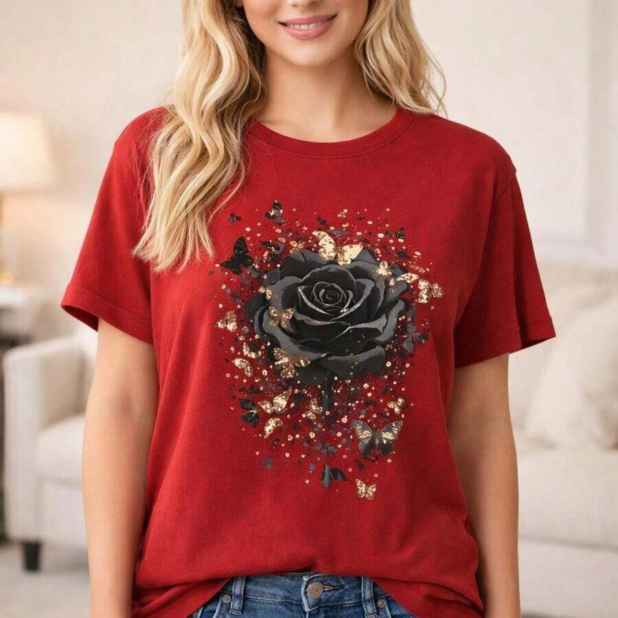 Casual Women's Cotton T-Shirt, , Rose & Gold Butterfly Print, Casual Short Sleeve Round Neck Top, Loose Fit, Soft Breathable Tee, Daily Wear, Fashionable Graphic Design, Comfortable ClothingFashion - 紅色 - 查看 1