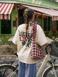 Camiseta de Verano para Mujer 100% Algodón, con Estampado de Letras "Jesus Loves You", Cuello Redondo, Manga Corta, Estilo Casual, Adecuada para Uso Diario, Blanca de Verano - Unisex para Mujer y Hombre, Ropa Casual para el Campus. - Albaricoque - Ver 2