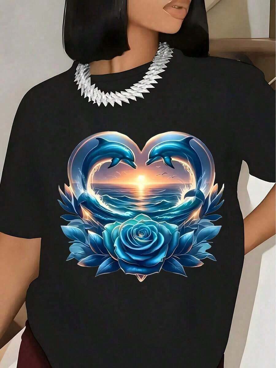 100% AlgodóN, Estilo Casual, Moda De Talla Grande, Camiseta Con Estampado De Rosas En Forma De CorazóN De DelfíN, Top De Manga Corta Con Cuello Redondo Para Mujer, Longitud Regular, Adecuada Para Todas Las Estaciones, CóModa, Holgada. - Negro - Ver 1