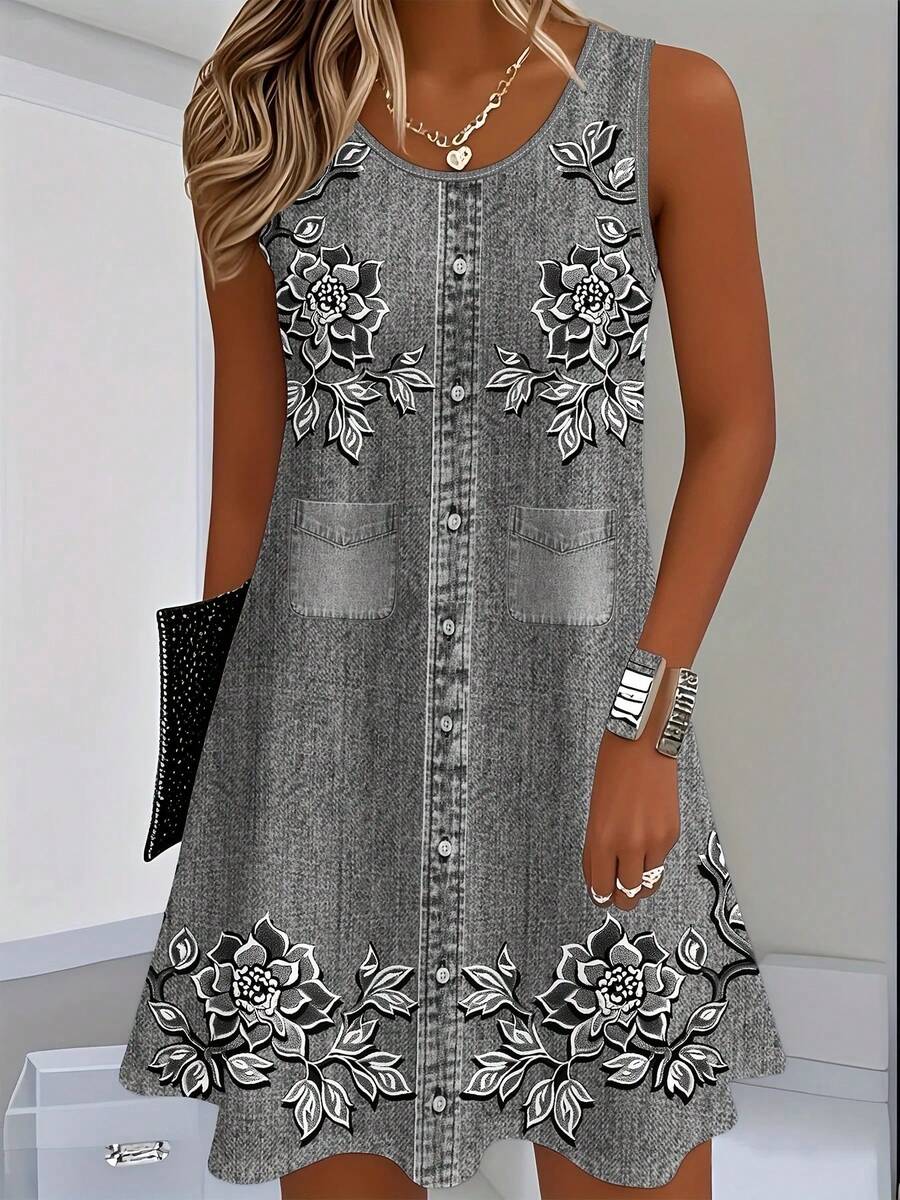 Vestido Informal de Mujer con Estampado Floral Digital, Imitación de Mezclilla, Cuello Redondo, Fibra Sedosa, Vestido de Verano Azul y Blanco, Corte Regular - LEHLC20261012Y - Ver 1