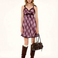 ROMWE Kawaii Spring/Summer Valentine's Day Plaid Ruffle Tie Casual Loose Women Mini Dress - Marrón - Ver 8
