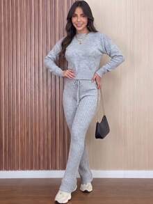 Women's Ribbed Knit Set: Long-Sleeved Blouse With Heart Details, High-Waisted Pants With Adjustable Drawstring, Casual Autumn/Winter Knitwear - Rust - View 10