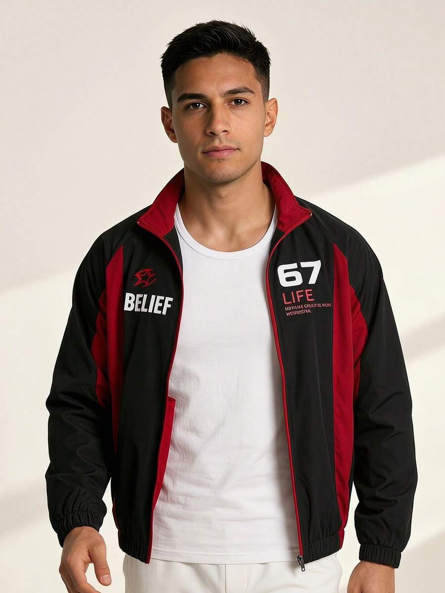 Men's New Utility Jacket, Polyester, Outdoor Commute Versatile Retro Fashion Brand Sport - black red - View 1