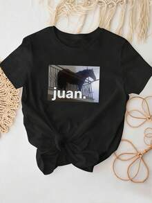 Top casual para mujer con un divertido estampado de verano y mangas cortas - Negro - Ver 6