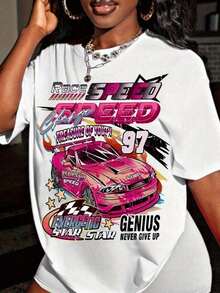 1 Piece Women's Spring Racing Design T-Shirt - Retro Y2K Speed Text Print - Loose Non-See-Through T-Shirt Suitable For Motorcycling Sports And Daily Street Wear - Spring And Summer Women's Clothing, Short Sleeve T-Shirt, Bright Print T-Shirt, Loose And Comfortable For Summer. - 白色 - 查看 3