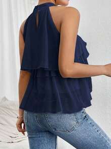 Blusa de gasa con volantes asimétricos y cuello suelto - Azul marino - Ver 7