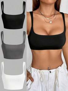 3 piezas Camiseta de tirantes de unicolor y corta para mujeres - Multicolor 5 - Ver 4