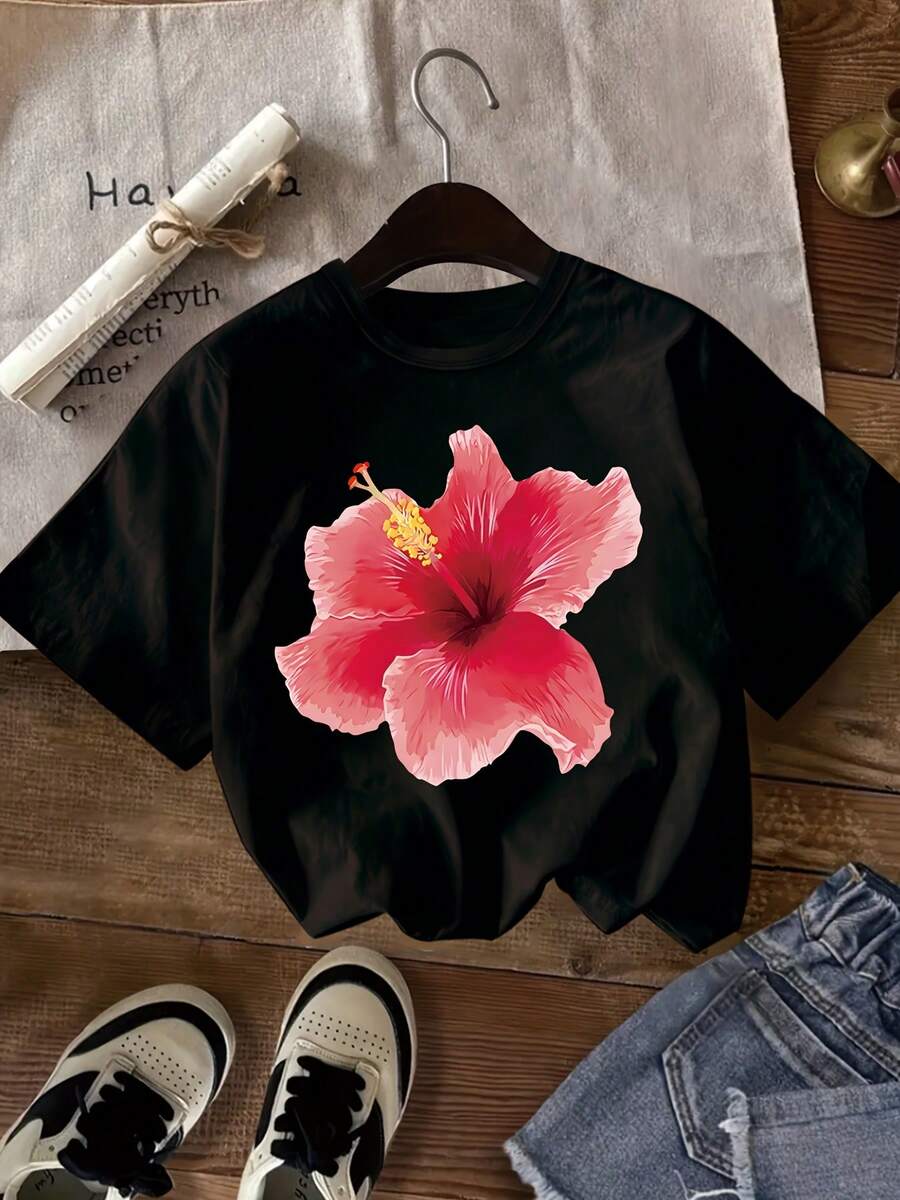 Sommar Toppar Dam 2026 Y2K Hawaiian Style Hibiscus Flower Print T-Shirt, Hibiscus Flower Print T-Shirt, Floral Print T-Shirt, Girls Summer Short Sleeve Round Neck Clothing, Kids Girls Clothing Haut éTé - 黑色 - 查看 1