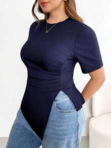 Camiseta negra básica de manga corta para mujer talla grande, con cintura fruncida, bajo irregular y versátil, cómoda y elástica, para uso diario, ideal para looks de verano y salidas - Azul marino - Ver 4