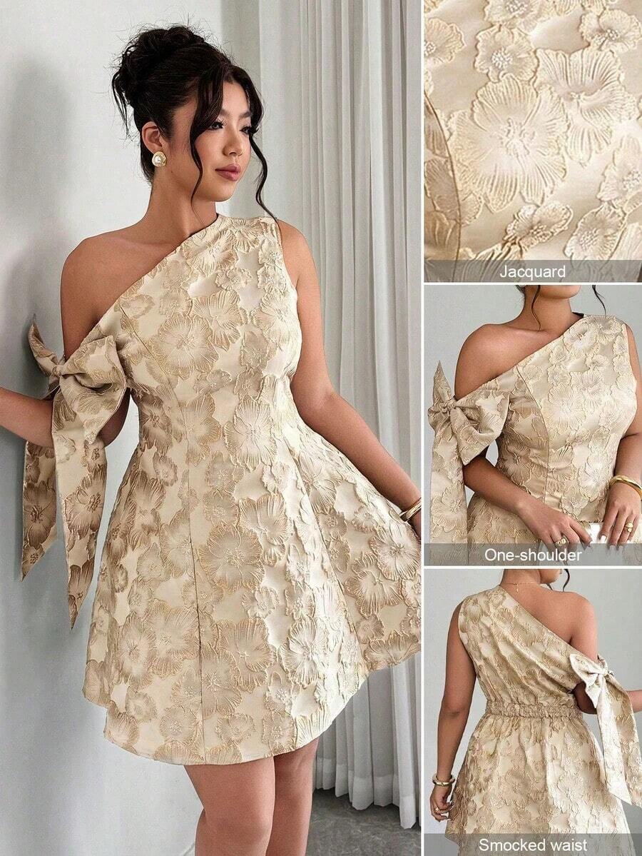 Vestido mini elegante de verano para mujer talla grande, vestido corto de fiesta con tela jacquard, cintura con lazo asimétrico, para boda, reunión, cita - Multicolor - Ver 1