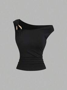 Camiseta ajustada con cuello asimétrico talla grande, top casual versátil, primavera/verano - Negro - Ver 4