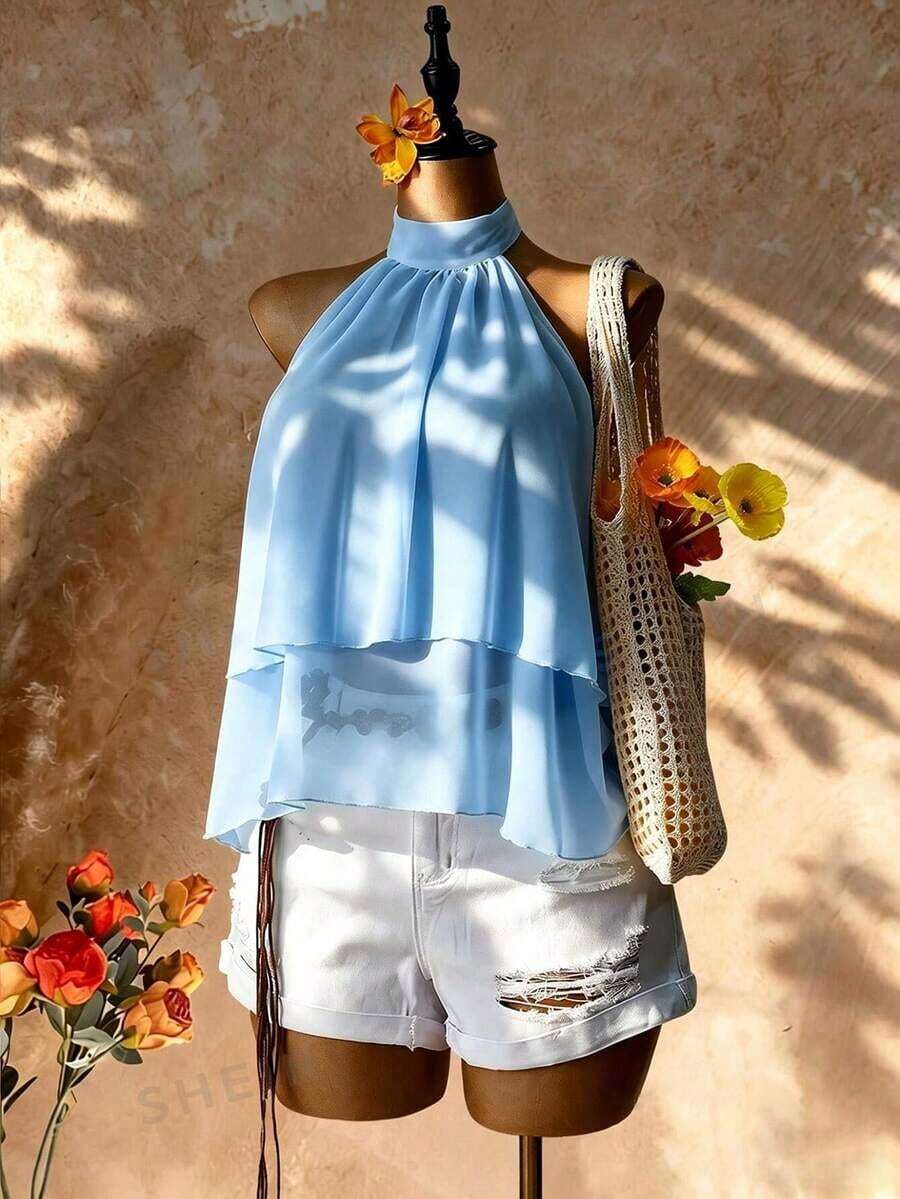 Blusa con cuello halter amarilla, blusa elegante con cuello halter, bajo con volantes en forma de A y cuello con lazo, camisa casual de oficina de color amarillo claro, blusa con cuello halter y espalda descubierta para playa y vacaciones - Azul - Ver 1
