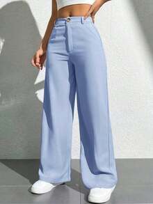 Pantalones holgados y casuales de pierna ancha con bolsillo, unicolor para mujeres - Celeste - Ver 8