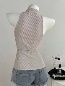 Camisa informal de mujer ajustada de rayas sin mangas con cuello - Camel - Ver 4