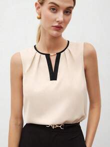 Camiseta sin mangas con detalle de pliegues y ribete de contraste para mujer, blusa formal elegante para el transporte urbano, uso casual de negocios - Caqui - Ver 4