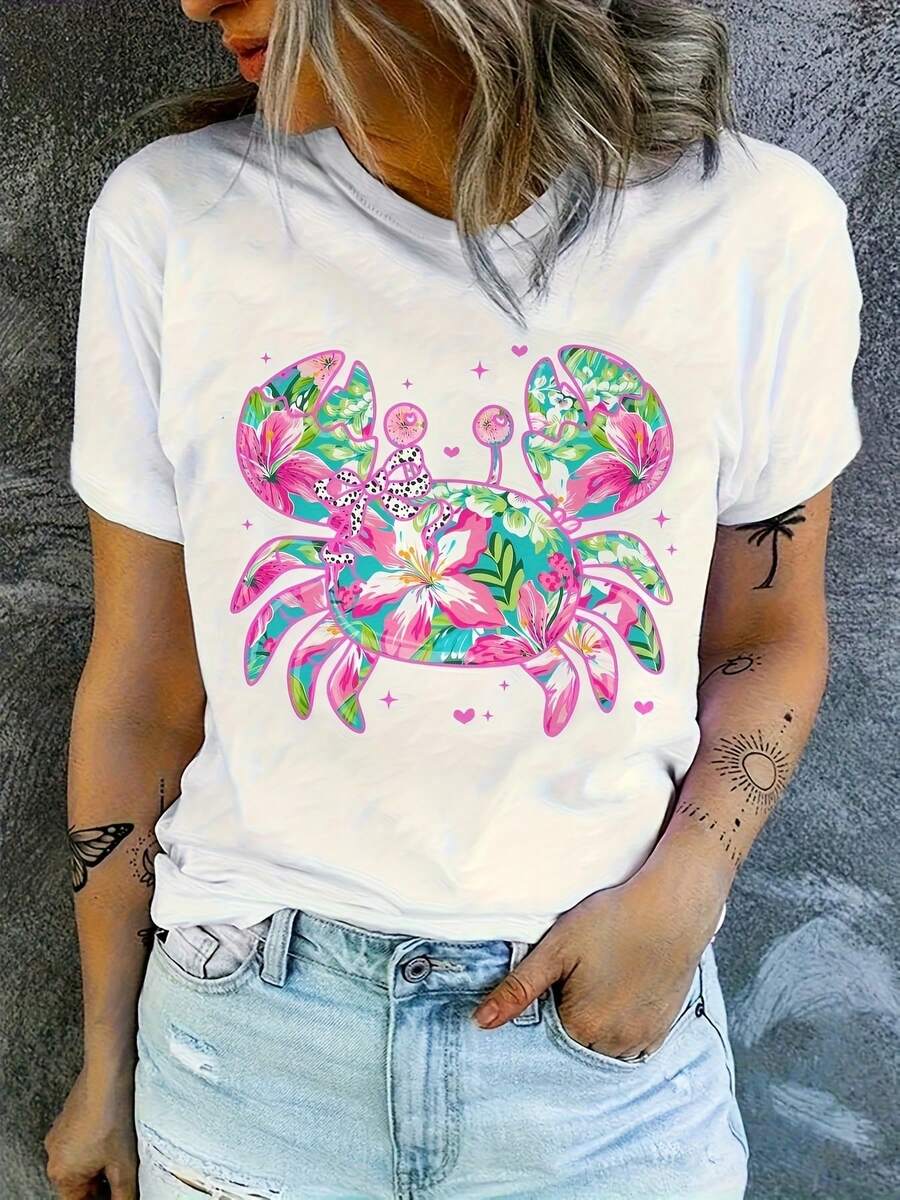 Suave,transpirableyligeroparatodo el díaCamiseta cómoda de talla grande para mujer con un divertido estampado de cangrejos, en un elegante diseño blanco, adornada con coloridos motivos florales, corazones rosados y estrellas, creando un look divertido y casual. Inspirada en tatuajes únicos, destaca y es adecuada para el uso diario y para las vacaciones en primavera, verano y otoño. Disponible en tallas S-XXXL, esta camiseta de manga corta, moderna y transpirable, es un diseño clásico.tripulacióncuelloconarelajadoajusteesofavorecetodoscuerpoformasyfácilaparconjeans,pantalones cortosyleggings. - Negro - Ver 1