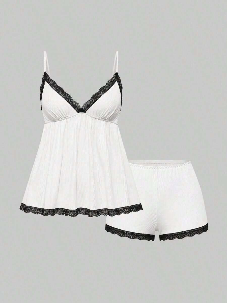 Conjunto de pijama casual de camiseta de tirantes acanalada y shorts con encaje - Blanco y Negro - Ver 1