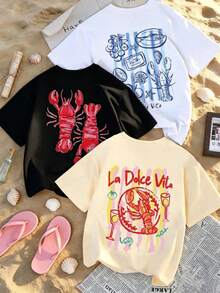 Set de Prenda individual, no un conjunto de 3 piezas, 1 piezas/set de camisetas de manga suitable for streetwear, Top oversized cuello redondo daily outings, camping, concerts, hip-hop, rock, and rap events camisetas de manga corta de cuello redondo con estampado gráfico de dibujos animados de champán y langosta, de estilo minimalista y veraniego, versátiles y de moda para mujeres - Negro - Ver 1
