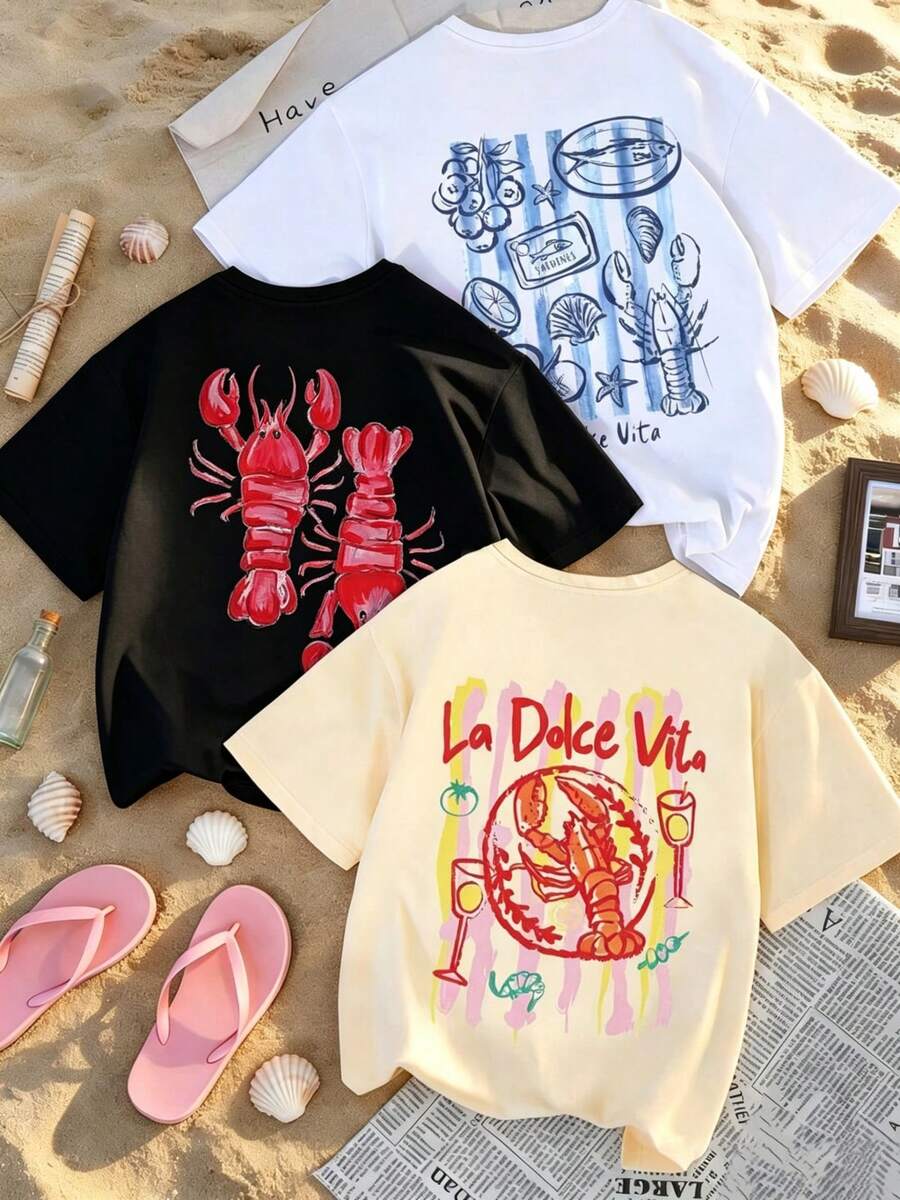 Set de Prenda individual, no un conjunto de 3 piezas, 1 piezas/set de camisetas de manga suitable for streetwear, Top oversized cuello redondo daily outings, camping, concerts, hip-hop, rock, and rap events camisetas de manga corta de cuello redondo con estampado gráfico de dibujos animados de champán y langosta, de estilo minimalista y veraniego, versátiles y de moda para mujeres - Negro - Ver 1
