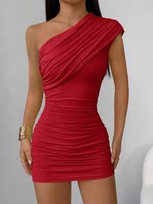 mini ajustado con pliegues de unicolor para mujer, atuendos de verano y club, sexy - Rojo - Ver 3