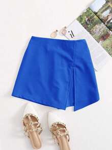 Falda corta con cintura elástica y abertura frontal - azul real - Ver 6