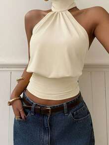 Top de punto con cuello de halter color albaricoque para mujer - Albaricoque - Ver 4