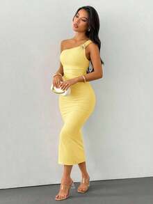 Falda de cola de pez con pliegues asimétricos y broche dorado como decoración - amarillo ganso - Ver 3