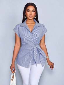 Camisa con botones y estampado de rayas para mujer, blusa casual y elegante con lazo delantero con estampado de rayas - Azul - Ver 6