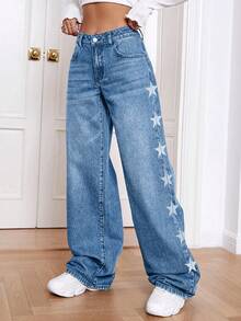 ALO FASHION Relaxed Fit Boho Denim Long Wash Star Pattern Wide Leg Jeans For Women Casual And Elegant Style - 寶藍色 - 查看 5