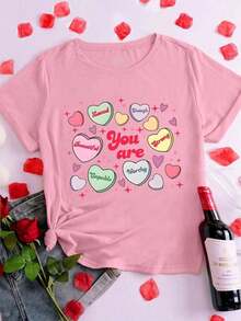 Y2K style,Fashionable styel,2026 newest,cute style,Causal style. Camiseta vintage de San Valentín para mujer con corazón de caramelo lindo y gráfico "Eres suficiente", regalo de camiseta casual de San Valentín180g(S-XXXL) - Rosa - Ver 3