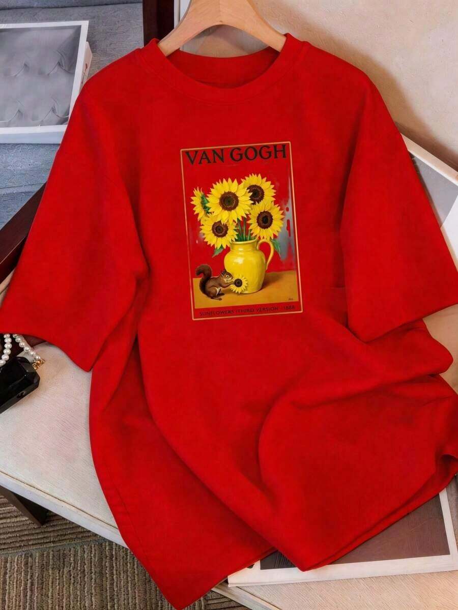 Women's Summer T-Shirt, A Casual Short-Sleeved Blouse With An Artistic Print Of Van Gogh's Sunflowers, With Squirrel And Vase Motifs, Perfect For Everyday Wear, Lightweight And Breathable, 100% Cotton. - 紅色 - 查看 1