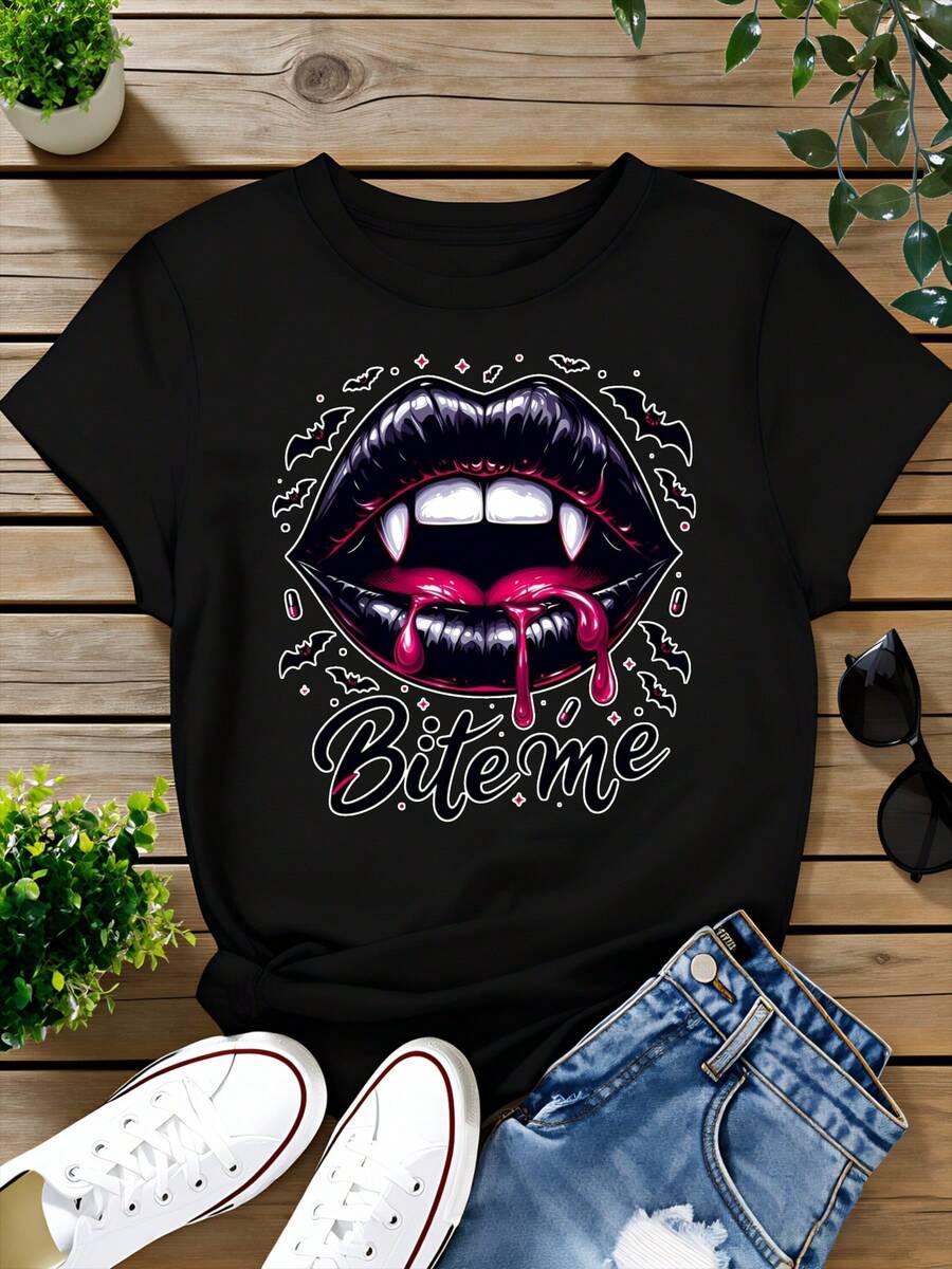 Women's Summer Fashion T-Shirt With Vampire Lips Biting Me Design, Gothic Style Print T-Shirt, Suitable For Casual Wear, Party Outfit, Halloween Costume - Unisex, Suitable For Casual Daily Outings, Short Sleeve Summer Top, Retro Y2K Print T-Shirt. - 黑色 - 查看 1