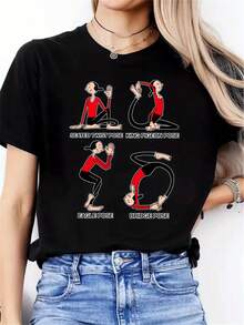 , POSE, Yoga, Ropa de Verano para Mujer, Conjuntos Lindos, Regalos de Vacaciones, Asequible y Adorable, Nuevas Camisetas Casuales para Mujer - Negro - Ver 1