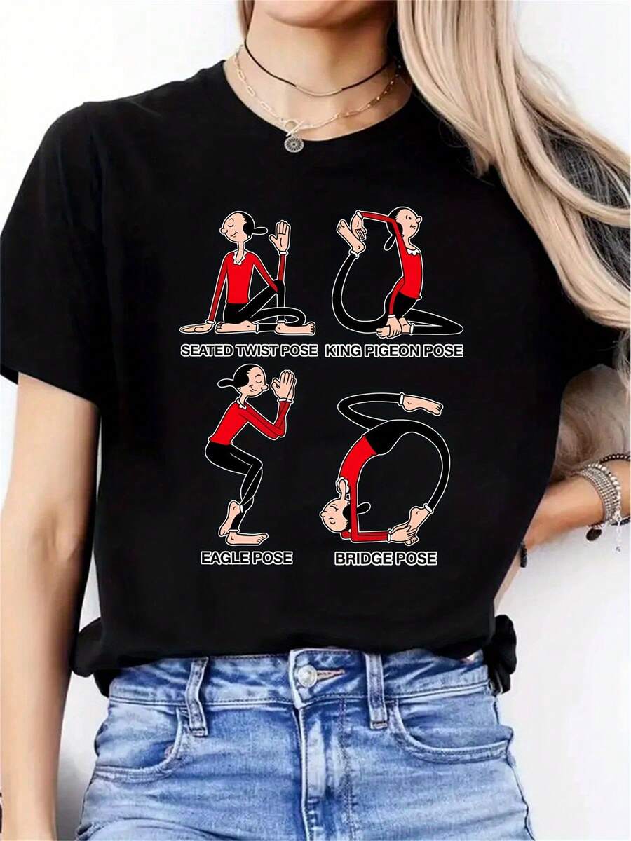 , POSE, Yoga, Ropa de Verano para Mujer, Conjuntos Lindos, Regalos de Vacaciones, Asequible y Adorable, Nuevas Camisetas Casuales para Mujer - Negro - Ver 1