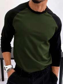 Camiseta de manga larga con cuello redondo y color contrastante para hombres de talla grande, uso diario versátil - Verde militar - Ver 1