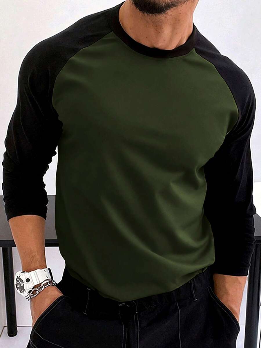Camiseta de manga larga con cuello redondo y color contrastante para hombres de talla grande, uso diario versátil - Verde militar - Ver 1